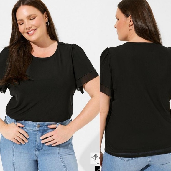 torrid Tops - Torrid | Stretch Mesh And Stretch Challis Crew Neck Double Flutter Sleeve Top